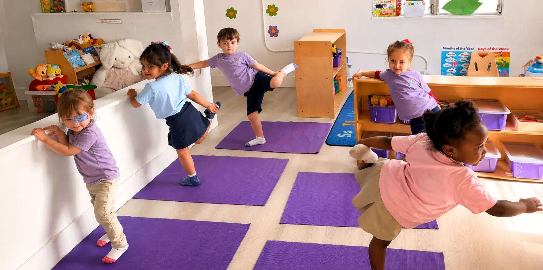 Children practicing physical development activities